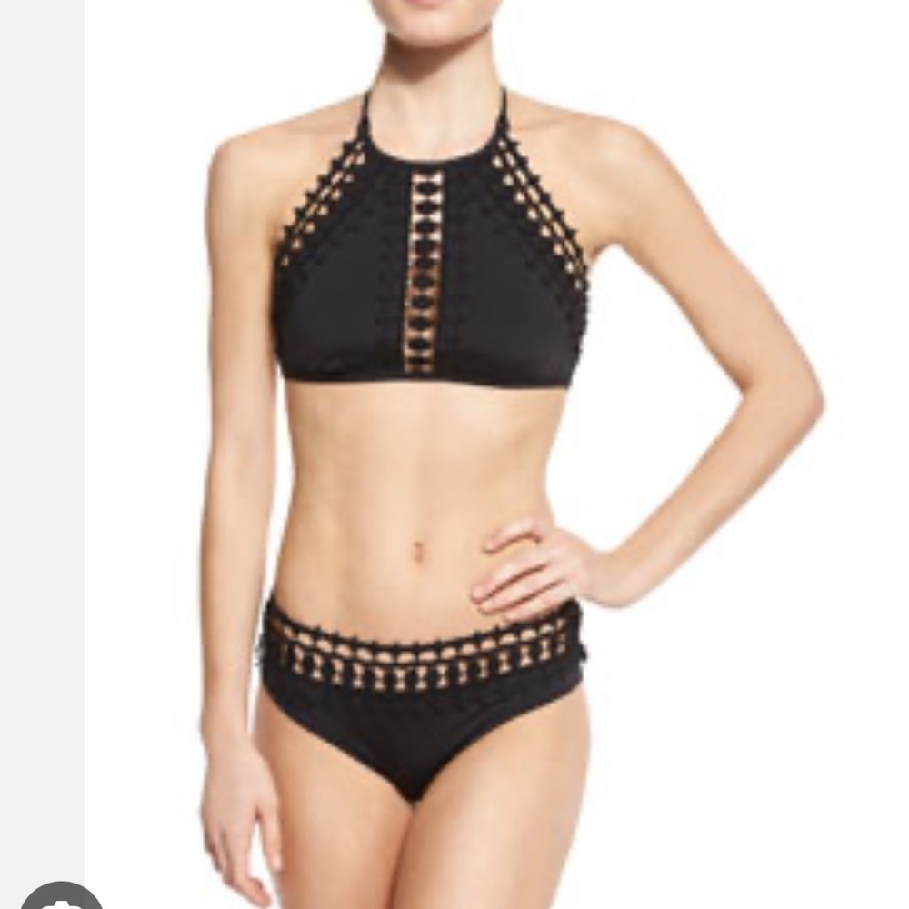 Ale by Alessandra Black Crochet High Neck Halter Bikini Top Size Medium
